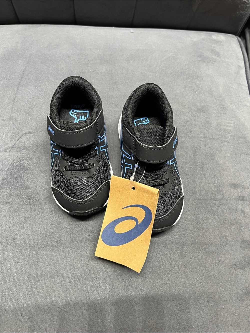 Asics Kids Black and Light Blue Velcro Athletic Sneakers